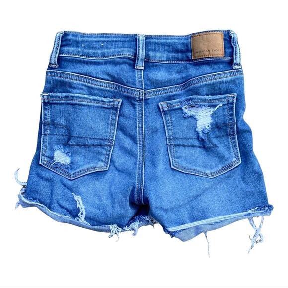 American Eagle Hi-Rise Shortie Distressed Stretch Blue Jean Shorts Size 0 - Picture 2 of 5